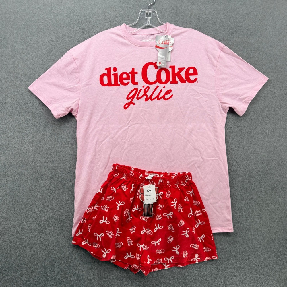 Diet Coke Girlie Pajama Set Pink Red Bows Graphic Boxy T-Shirt Shorts XXS New